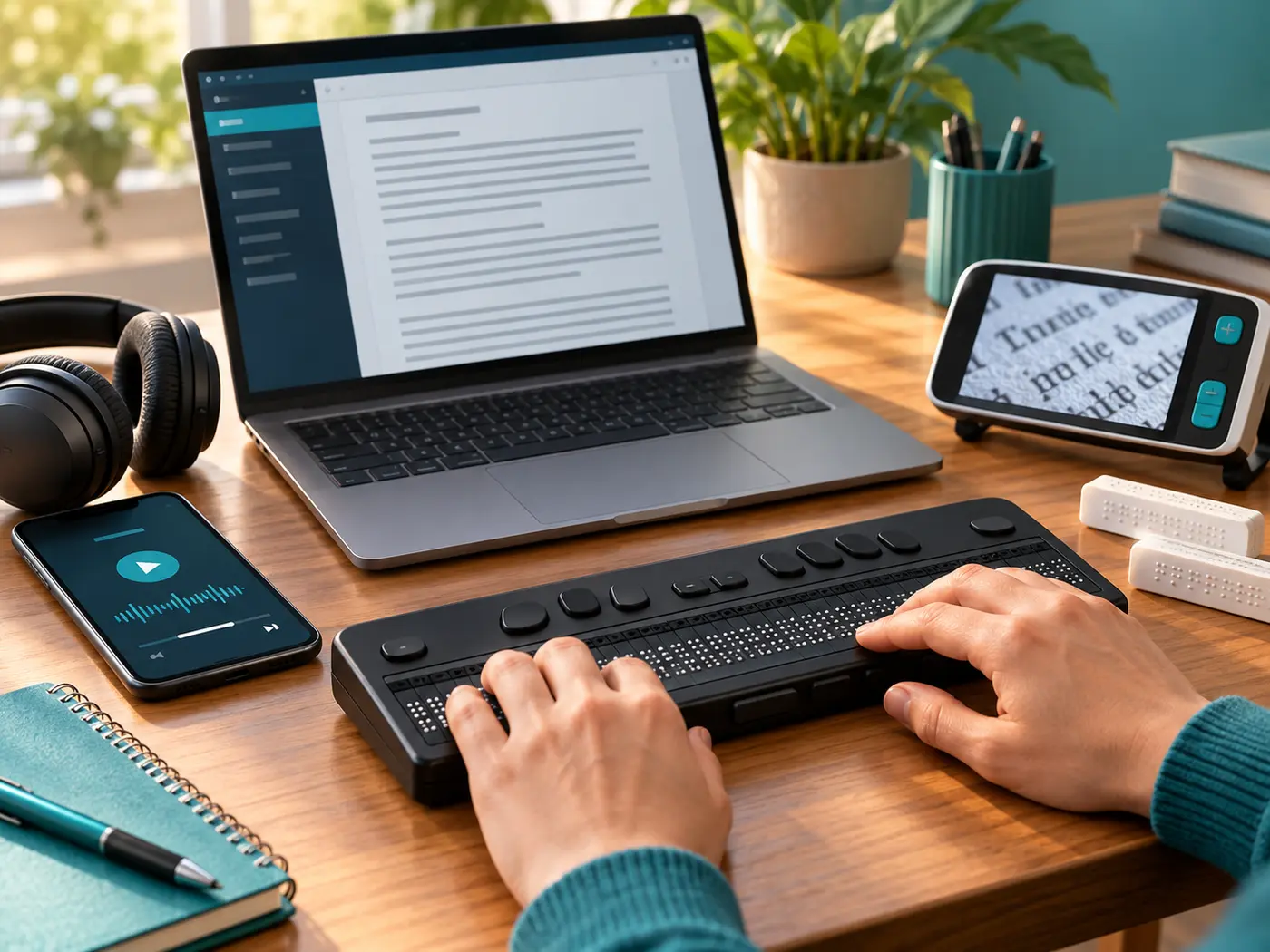 Des mains utilisent un afficheur braille près d’un ordinateur portable, d’un téléphone, d’écouteurs et d’un vidéoagrandisseur.